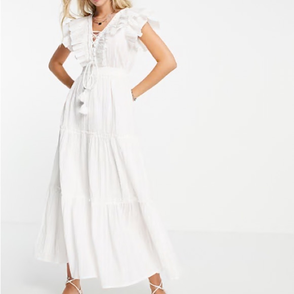 Topshop Women’s 100% Cotton White Ruffle Peasant Flowy Maxi Dress Size 8